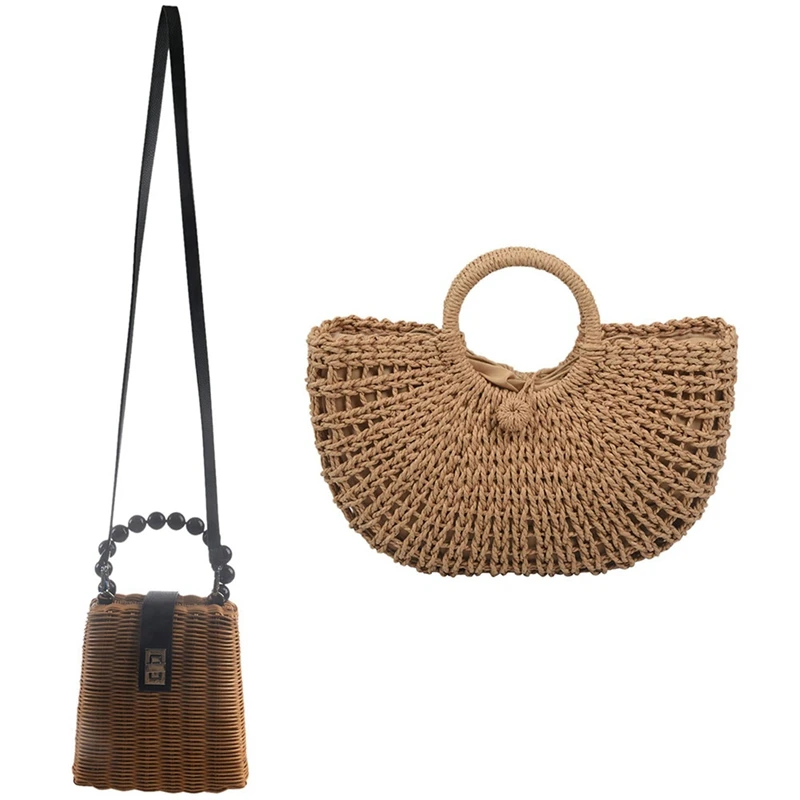 Straw Bag Paper Rope Round Bucket Hollow Woven Bag & Bead Hand-Woven Straw Bag Women Small Tote Bags