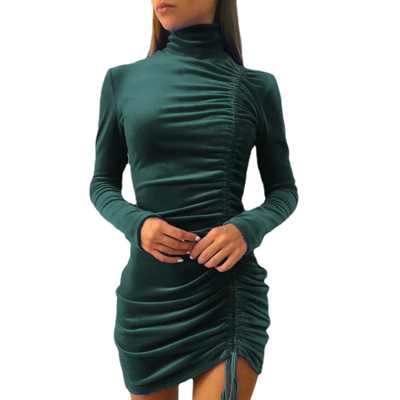 2024 suede drawstring high neck dress for women's autumn and winter fashion long sleeved tight fitting hip hugging dress