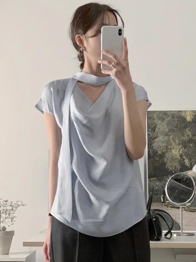 

Ele Chic женский ильт с Sa Design Puffy Sves воротник-стойка или французский свободный крой однотонный летний топ