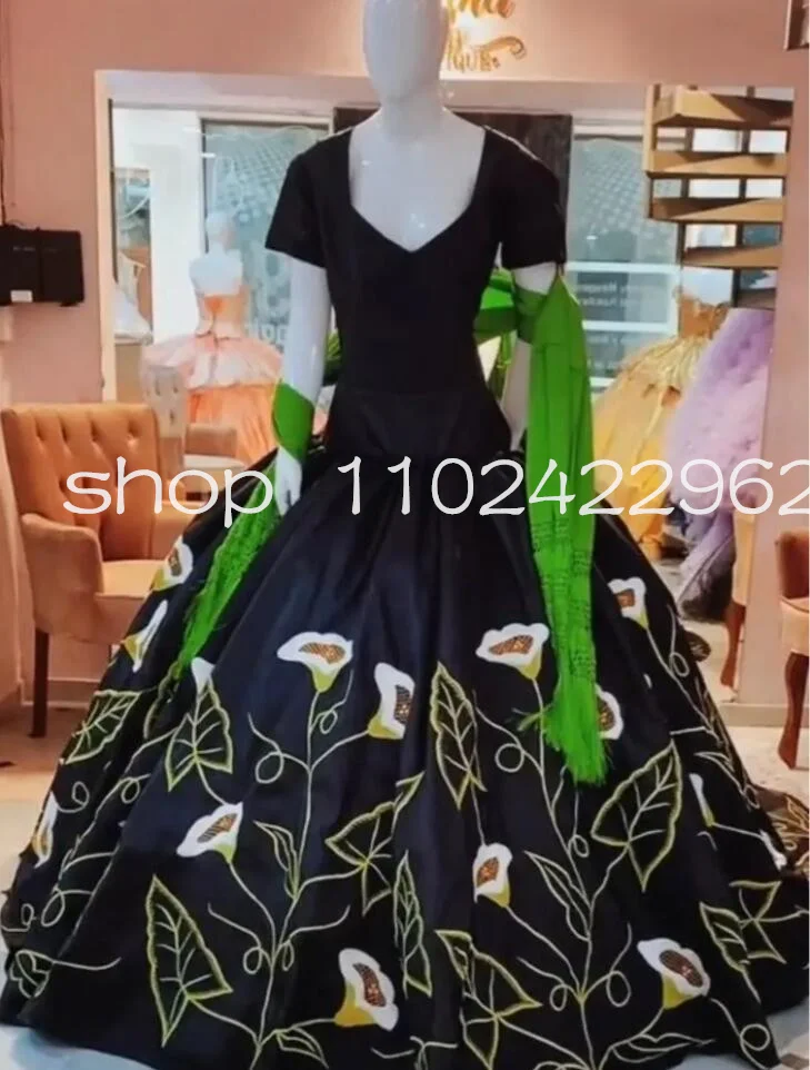 Vestidos negros mexicanos Charro Quinceera, saia destacável, bordado floral, duas peças, 2024