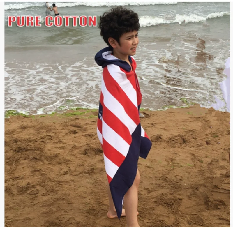 

100% Cotton Beach Towel, Ocean Wind Cartoon Printed Wearable Long Swimming Bathing Children Bath Towel, Cape T14