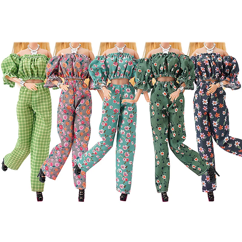 30cm Doll Clothes Floral Shirt Puff Sleeve Trousers Set Temperament Wear Matching Pieces Daily Doll Clothes Set For Girls Gift