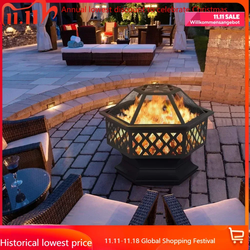 28in Fire Pit Fire Pits for Outside Hex Shaped Firepit Bowl Outdoor Fire Pit Large Wood Burning Fires Pit with Spark Screen &