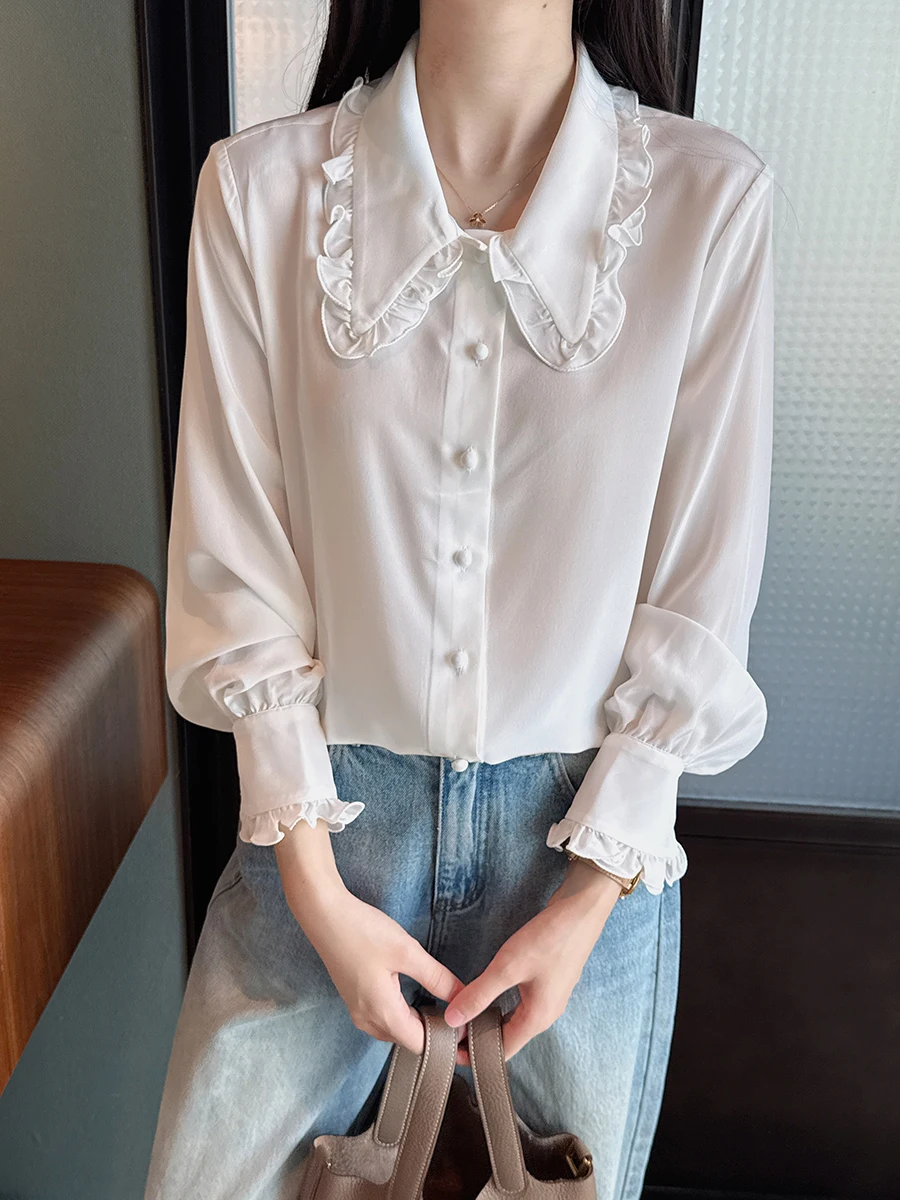 

Элегантная белая шелковая блузка с воротником-рюшем и декоративными элементами в форме грибов, простой повседневный стиль, длинный рукав, женская, премиум-качество