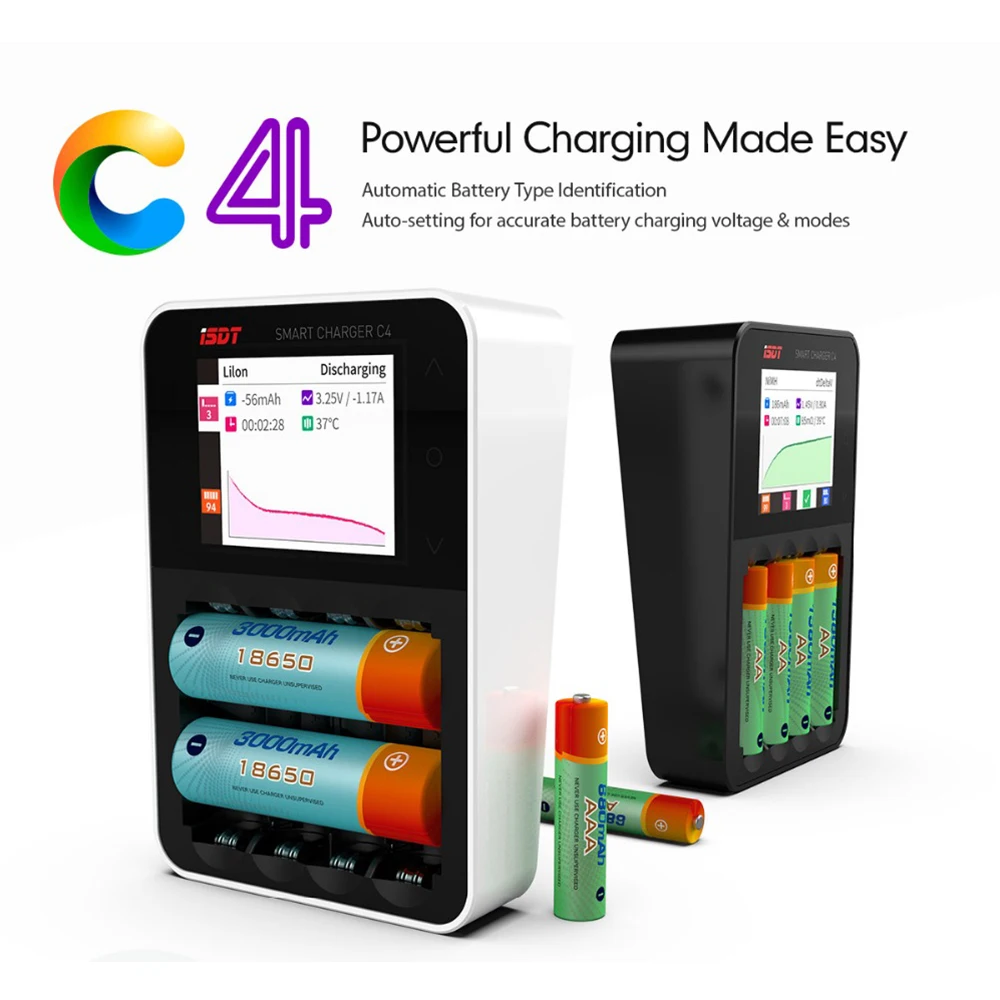 

ISDT C4 EVO Smart Battery Charger Type-C QC3.0 Output for AA AAA Li-ion Battery with IPS Display Screen and Fire Prevention