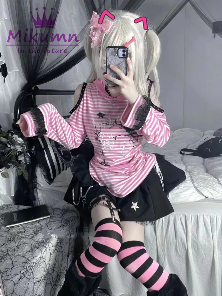 Mikumn Japanese Harajuku Y2k Striped Lace Rabbit Ear Hooded T-Shirt Gothic Girls Kawaii Pink Off Shoulder Long Sleeve Tops Tees