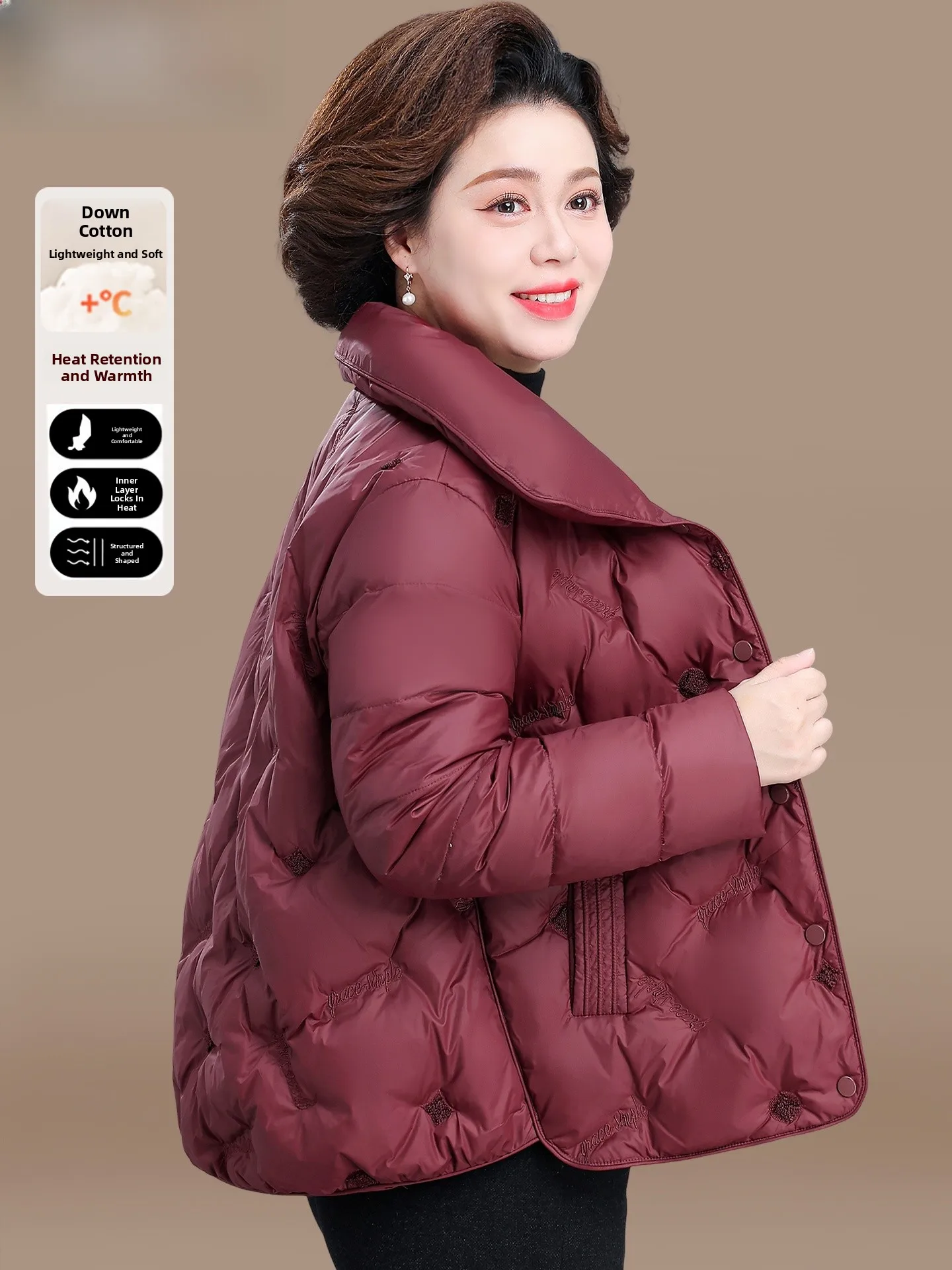 

Red Wine Color down Cotton Jaet for ort Mothers Middle-Aged And ly Women Faionable Warm Windproof ort Sle