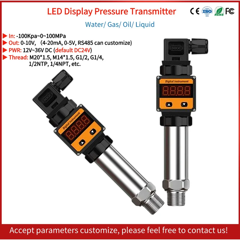 

0-10V LED Display Pressure Sensor Piezoresistive Diesel Fuel Absolute Pressure Transmitter DC24V Pressure Transducer