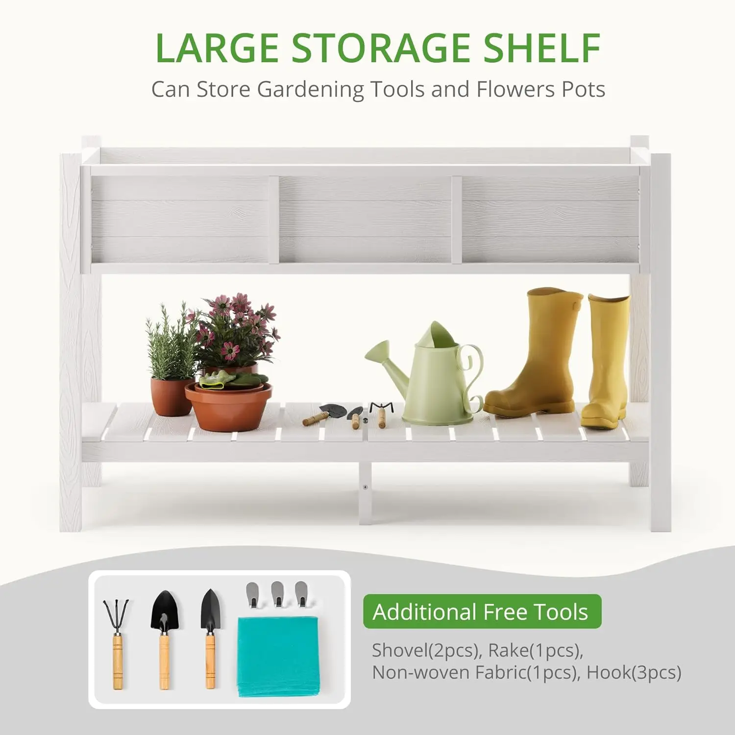 Raised Garden Bed with Tools, 47*18*29 in, Poly Elevated Planter Box with Legs And Storage Shelf, Weather Resistant, 3-Year Warr