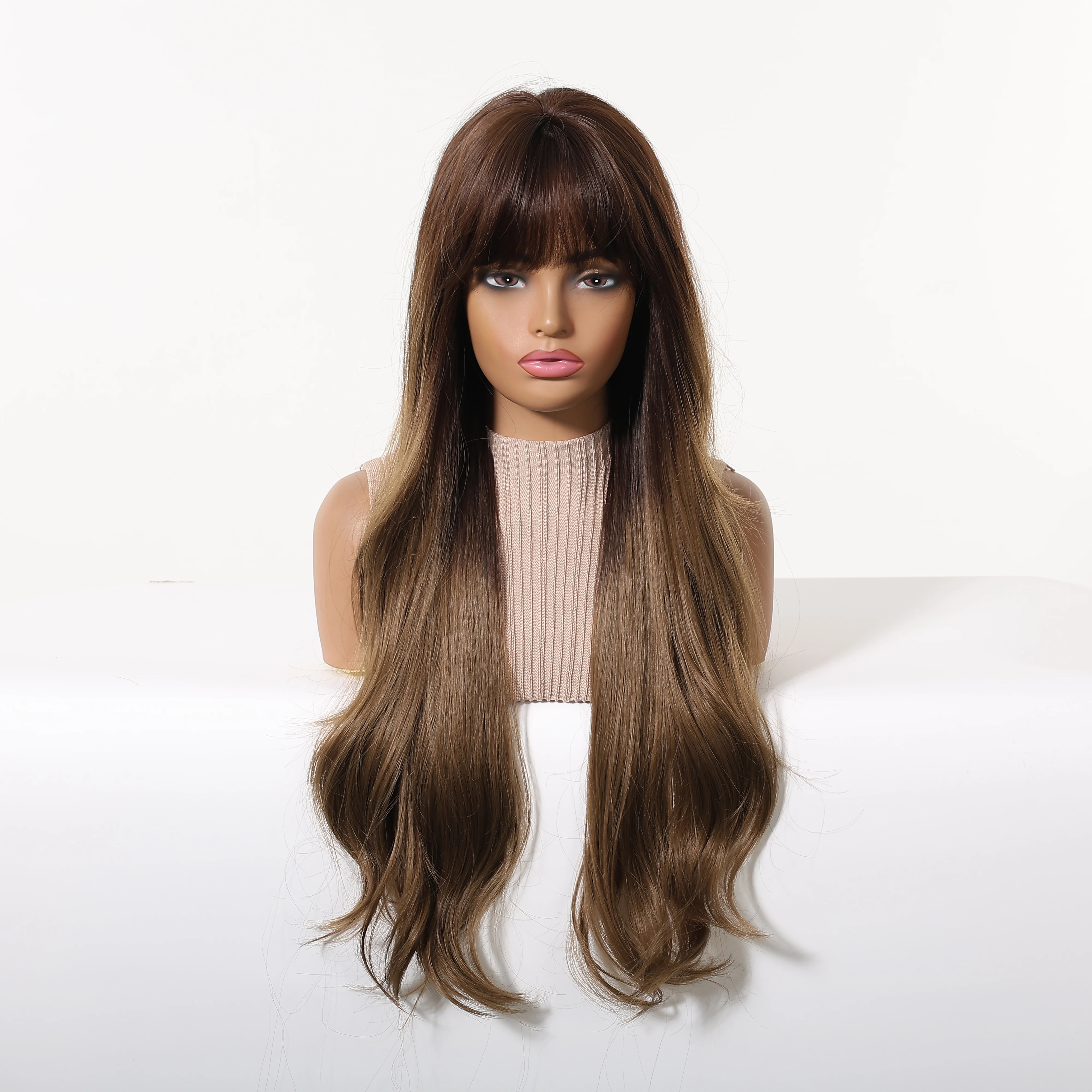 Ombre Brown Wig with Dark Root Long Wave Wig with Bangs Y2K Natural Looking Daily Wear For Women Synthetic Heat Resistant Fiber