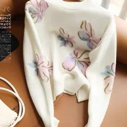 Gagarich Autumn Spring New Gentle Style 2024 Fashion Printed Short Knitted Sweater Flocking Embroidered Bead Petal Pullover