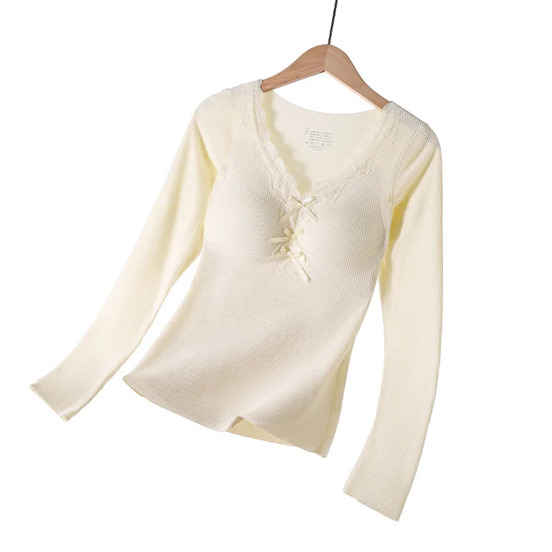 LaceVCollared bow tie thermal long-sleeve thermal underwear with chest pads and seamless design