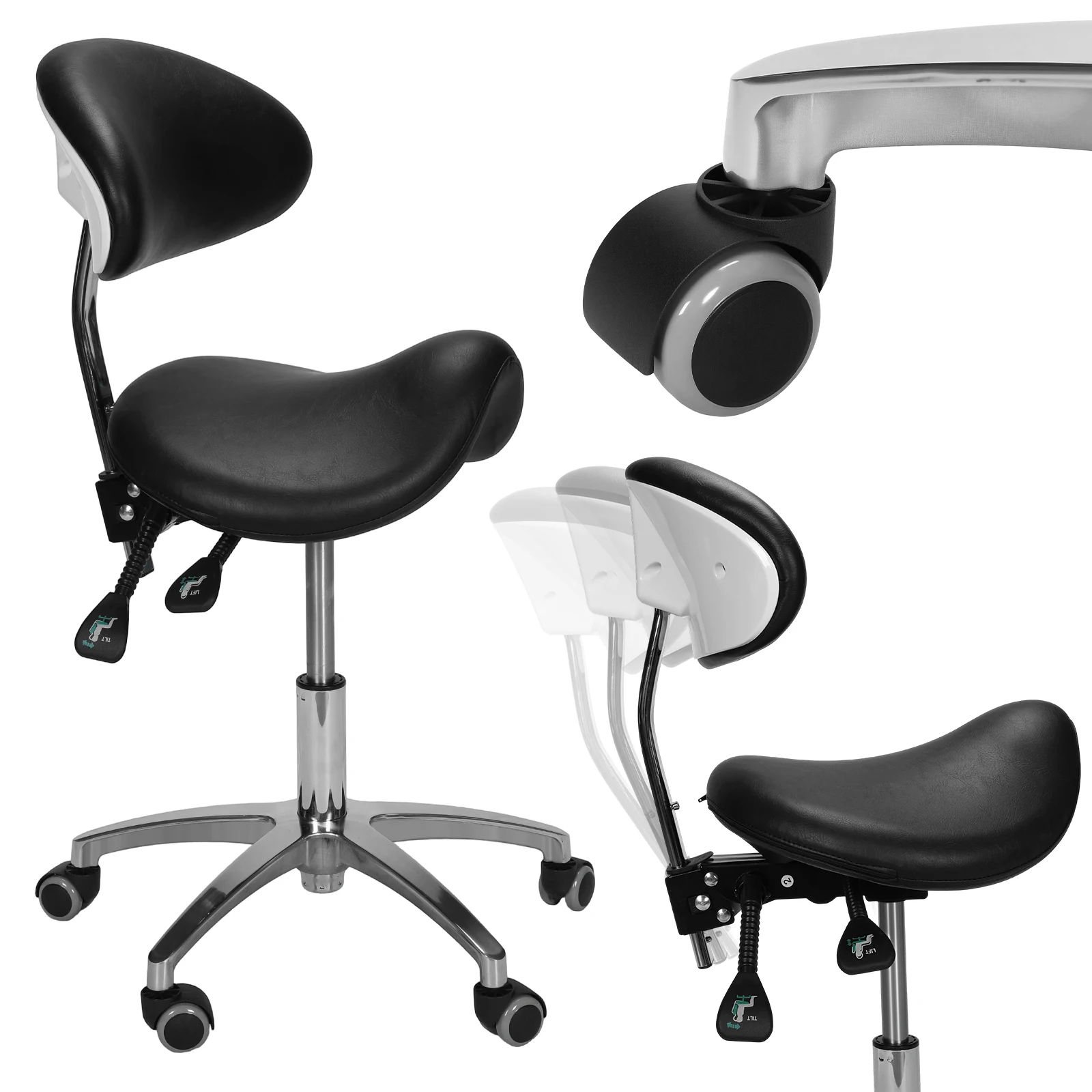 

Saddle Stool with Wheels Saddle Stool Chair with Back Support 19.93-21.65in Height for Hair Stylist for Dentist Salon Tattoo