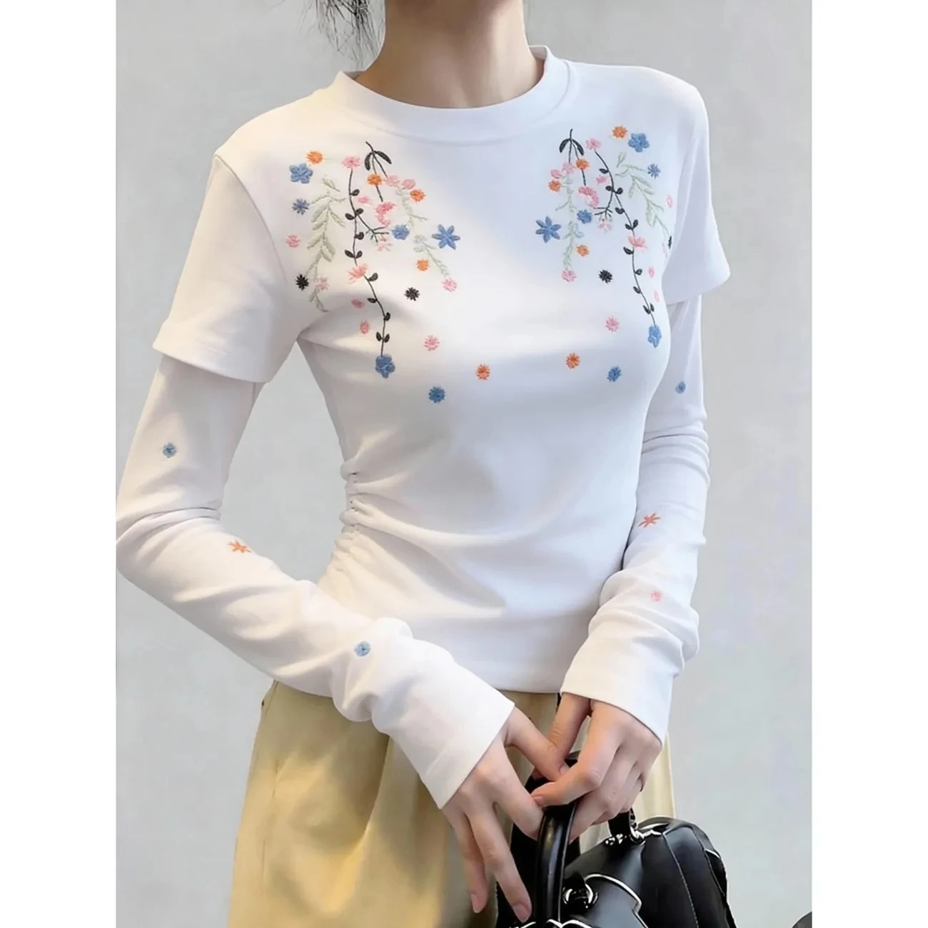 Модные молодежные топы с цветочной вышивкой, универсальные, весенне-осенние, с длинным рукавом, в стиле пэчворк, повседневные корейские женские футболки