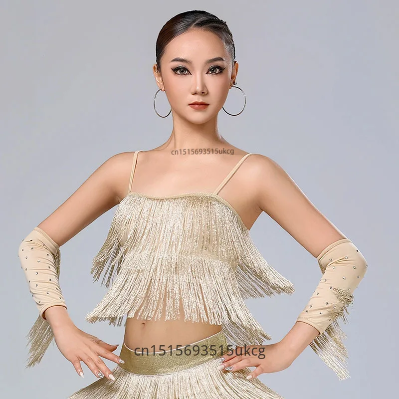 For Female Latin Dance Crop Top Vest Salsa Rumba Samba Practice Performance Competition Top Sleeveless Backless Fringe Camisole