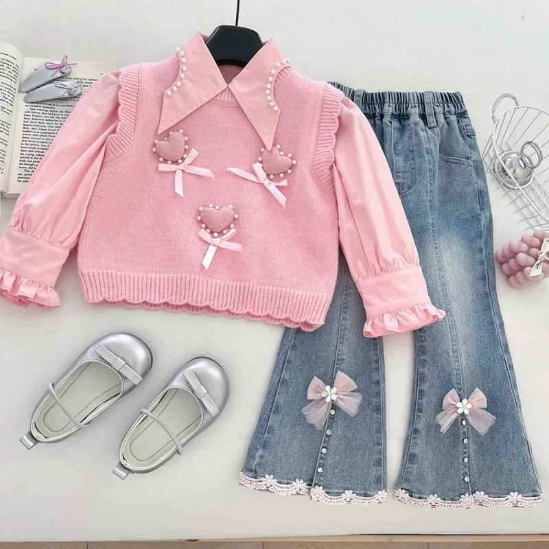 

Girls Pink Love Heart Knitted Vest Set2025New stylish trendy shirt flared jeans three-piece set