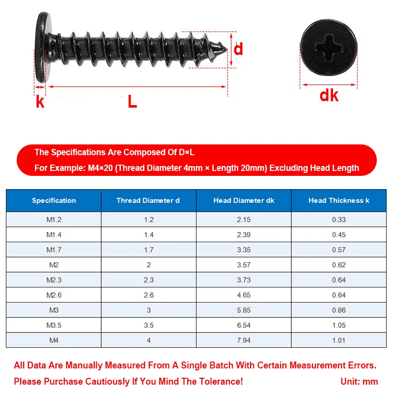Black Nickel Plated CA Phillips Thin Flat Head Self Tapping Screws M1.2 M1.4 M1.7 M2 M2.3 M2.6 M3 M3.5 M4 Metal Wood Fastener