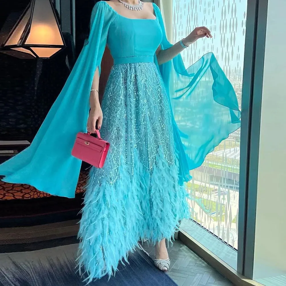 High Quality and Delicate Floor Length A-Line Square Neck Evening Dress Long Sleeves Feathers Sequined Celebrity Gowns