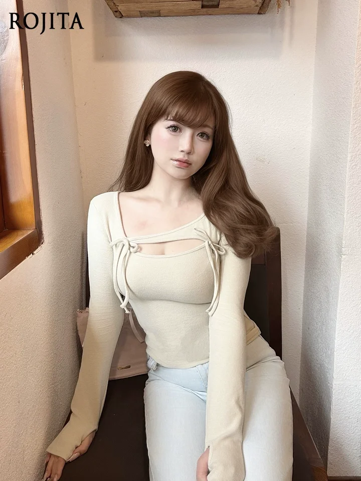 

Asymmetrical Neckline Design Sexy Top 2025 New Chest Hollow Bow Lace-up Top Long Sleeve Beige Slim T-shirt Women Tops