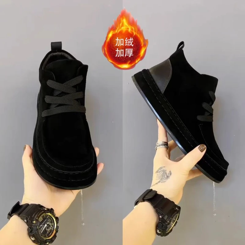 Men Retro Suede Winter Ankle Boots Lace Up Shape Thick Soft Sole Warm Fleece Lined Non Slip Outdoor Daily Casual Walking Boots