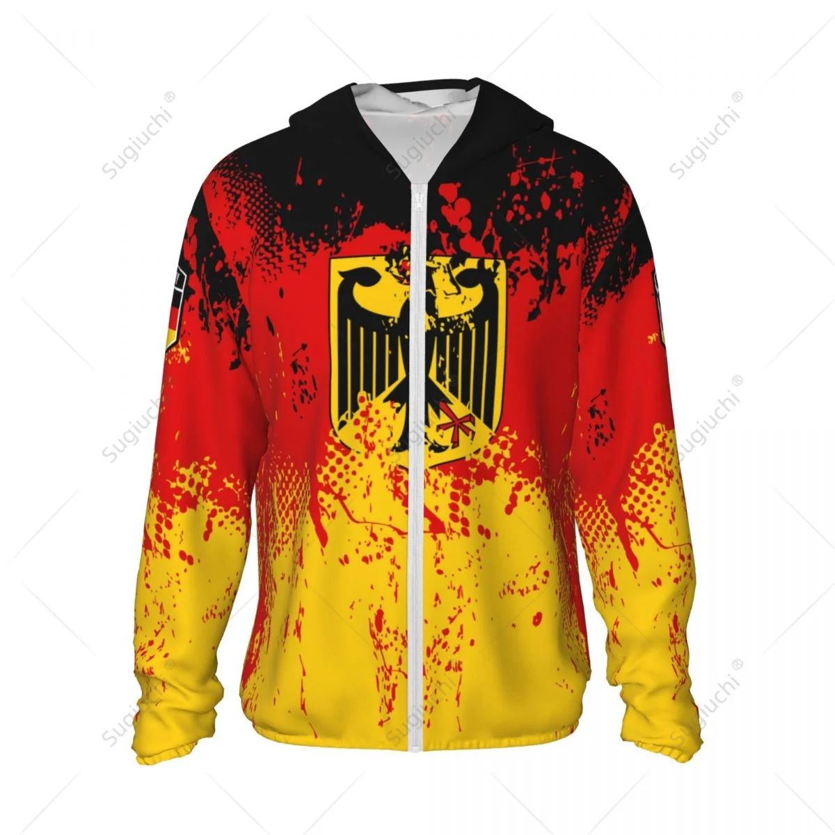 Hoodie de manga comprida com zíper, proteção solar, poliéster protetor solar roupas, pesca ciclismo e corrida, secagem rápida, bandeira da Alemanha