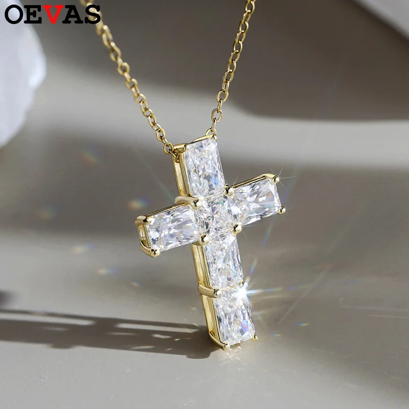 OEVAS Full Moissanite Cross Pendant Necklace For Women S925 Sterling Silver Plated 14K Gold O-chain Wedding Party Fine Jewelry