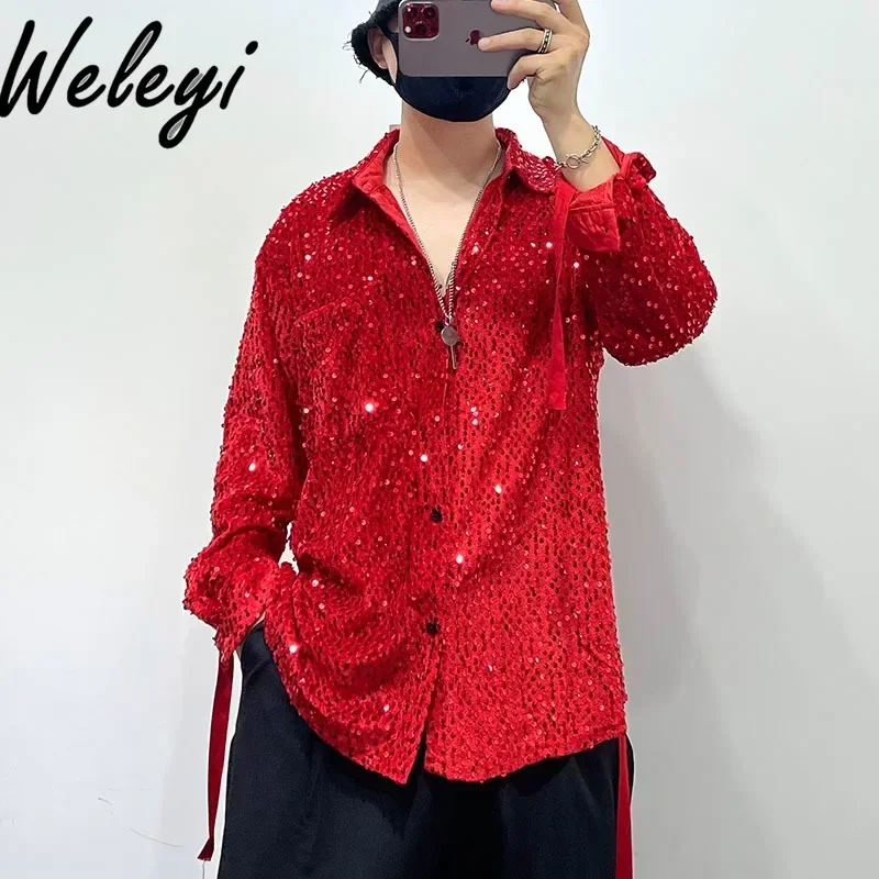 Glossy Sequins Splicing Shirt for Men 2024 Fall New Original Personality Loose Men's Irregular Ruffian Handsome Blouse Shirts