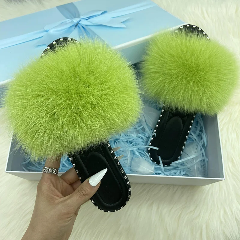 Flip Flops Women Summer Real Fur Flat Slippers 100% Natural Luxury Fox Fur Slides Ladies Rivet Jelly Shoes Furry Slides Sandals