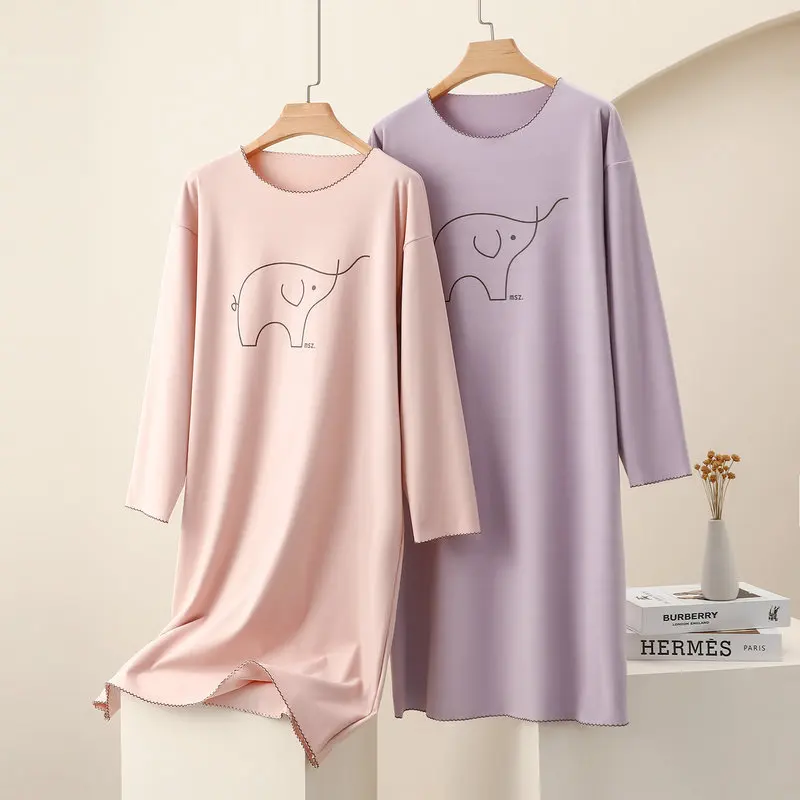 Winter Velvet Thickened Warm Long Sleeved Sleeping Dress Loose and Simple Print Homewear Plus Size Nightgown for Ladies