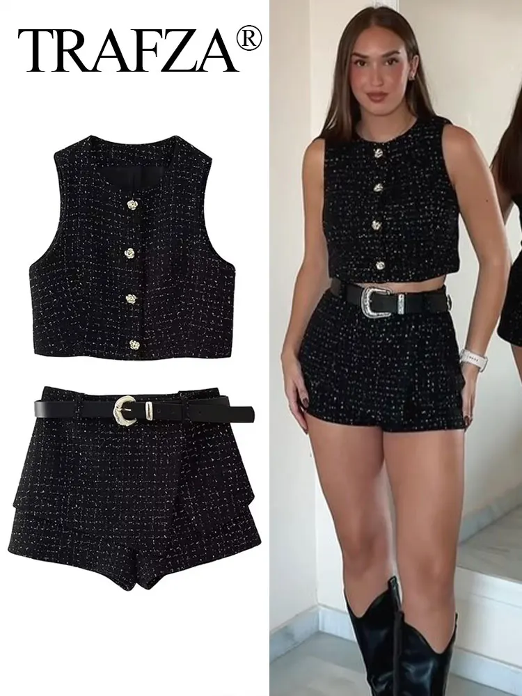 TRAFZA 2024 Female Set Black O-Neck Sleeveless Button Single Breasted Waistcoat+High Waist Belt Shorts Summer Suit Woman Trendy