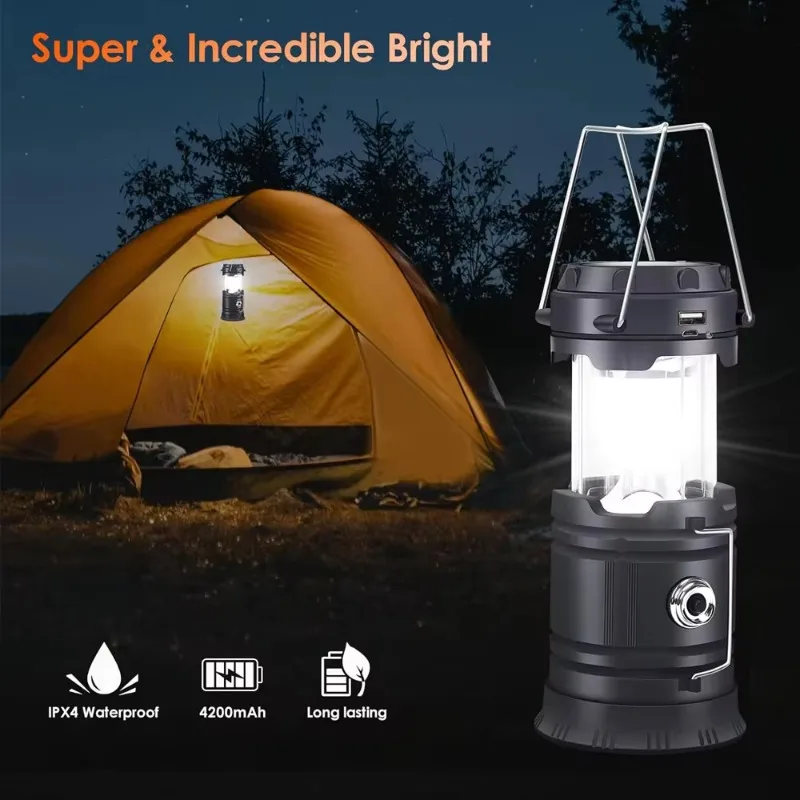 

LED camping lantern solar outdoor tent lamp USB USB can be charged, foldable, emergency light suspension lamp