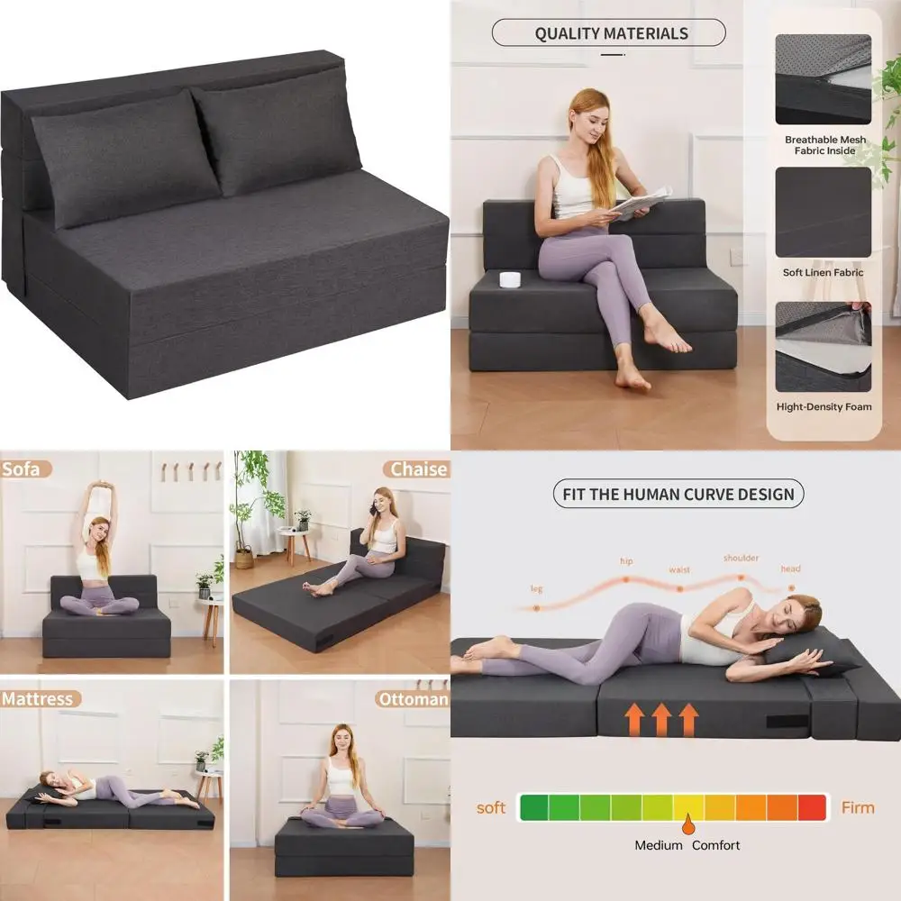 Convertible Sleeper Chair with Pillow, Washable Cover, Suitable for Living Room, Dorms, and Guest Rooms, Standard Size, Grey