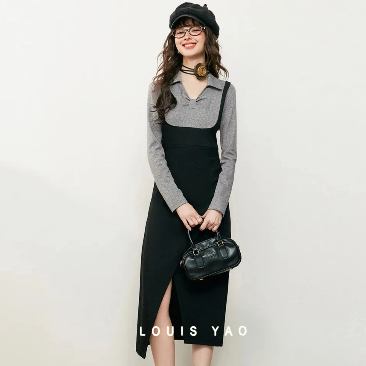 

LOUIS YAO Faux Two-Piece Collared Long Dress 2025 Autumn Casual Slightly Stretchy Long Sleeves Slit Hem Women's Dress Chic Wear