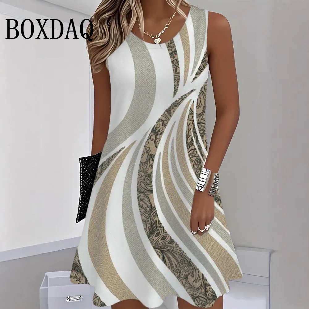 2026 New Summer Women's Tank Short Dress Loose Sundress Striped Printed Round Neck Dress Casual Fashion Beach Sleeveless Dresses