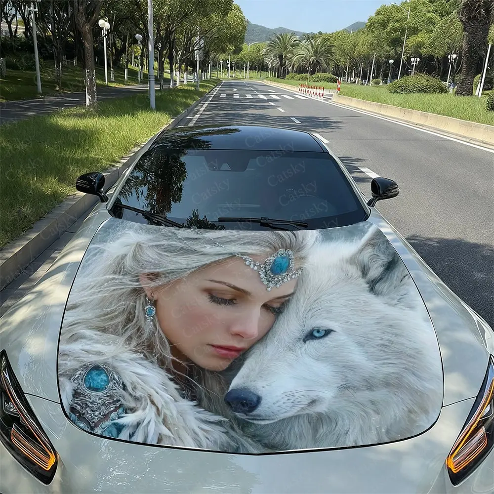 

Blue Eyed Silver Haired Princess And Wolf Car Hood Vinyl Sticker Wrap, Universal Engine Cover Decal, Durable Paper Material, Pro