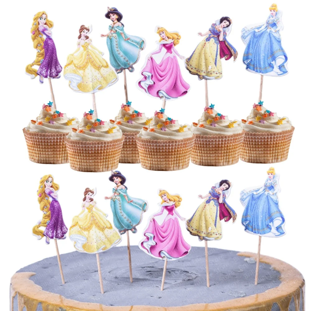 24Pcs Disney Princess Cake Toppers Cartoon Princess Cupcake Topper Decor Baby Shower Kids Girls Birthday Party Cake Decorations