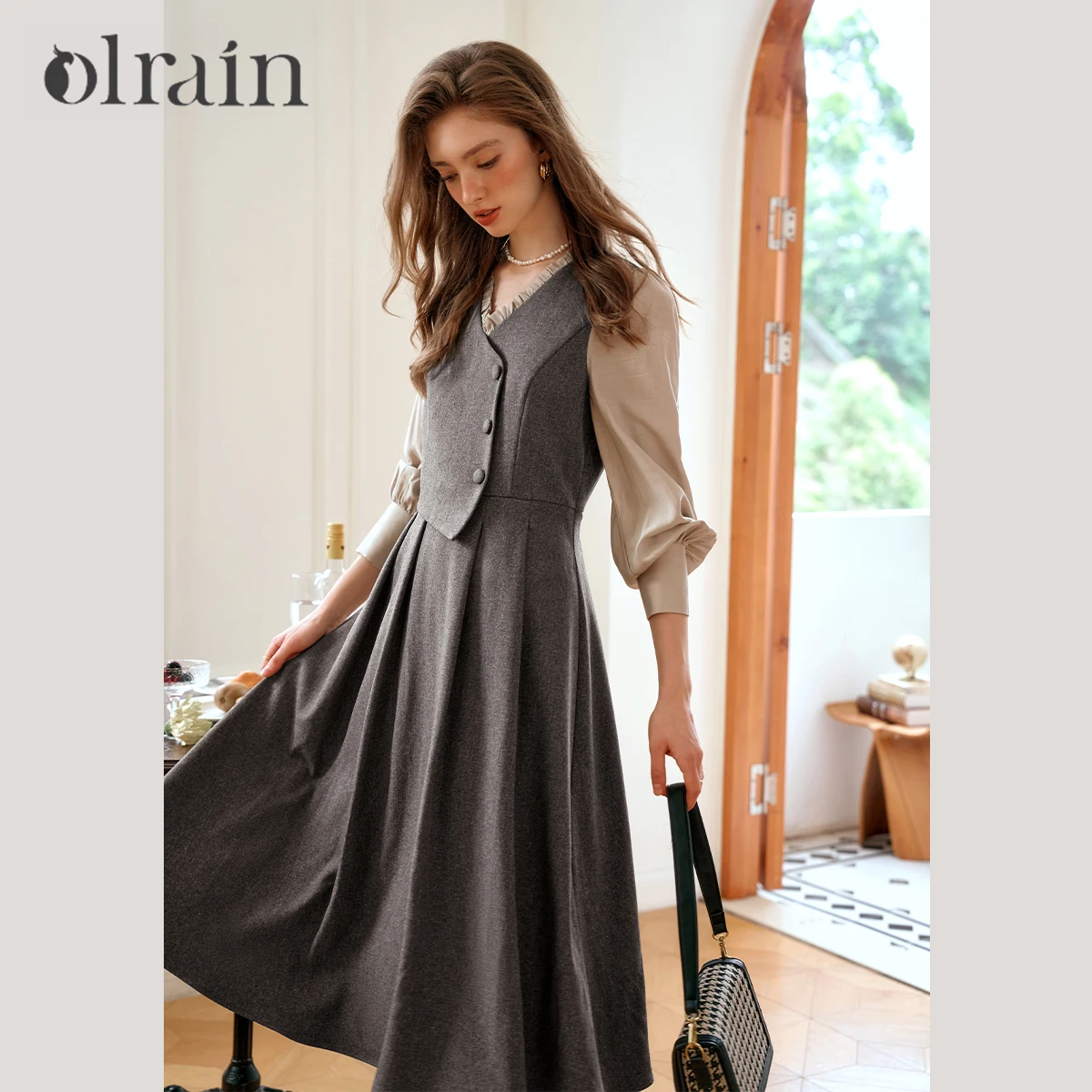 

OLrain French Fake Two-piece Dresses for Woman 2025 Autumn V-neck Puff Sleeve Dress Elegant Commute A-line Dress O57QL88833