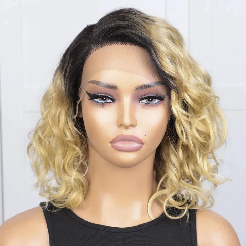 

Sleek Bouncy Curly Short Bob Wig Lace Front Human Hair Wigs Peruvian Highlight Brown Water Wave Lace Human Hair Wig For Women