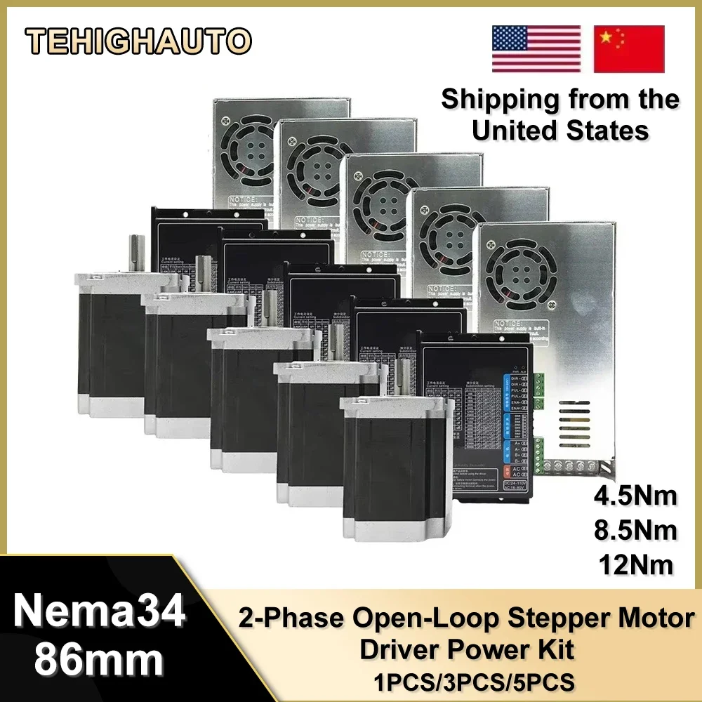 Kit de potencia de controlador de Motor paso a paso Nema34, 86mm, 2PH, 6A, eje de 14mm, Motor 4,5/8,5/12NM, fuente de alimentación de 400W para máquina de grabado CNC