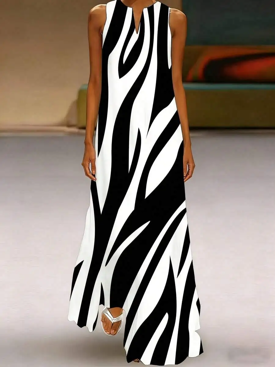 

Women V Neck Sleeveless Zebra Print Maxi Dress Casual Fashion Long Dress