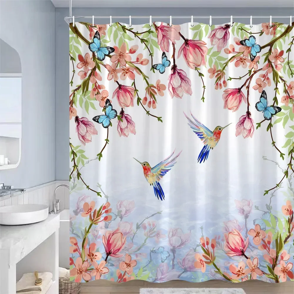 Spring Floral Hummingbird Shower Curtain for Bathroom Watercolor Flowers Birds Fabric Bath Curtains Modern Art Decor with Hooks