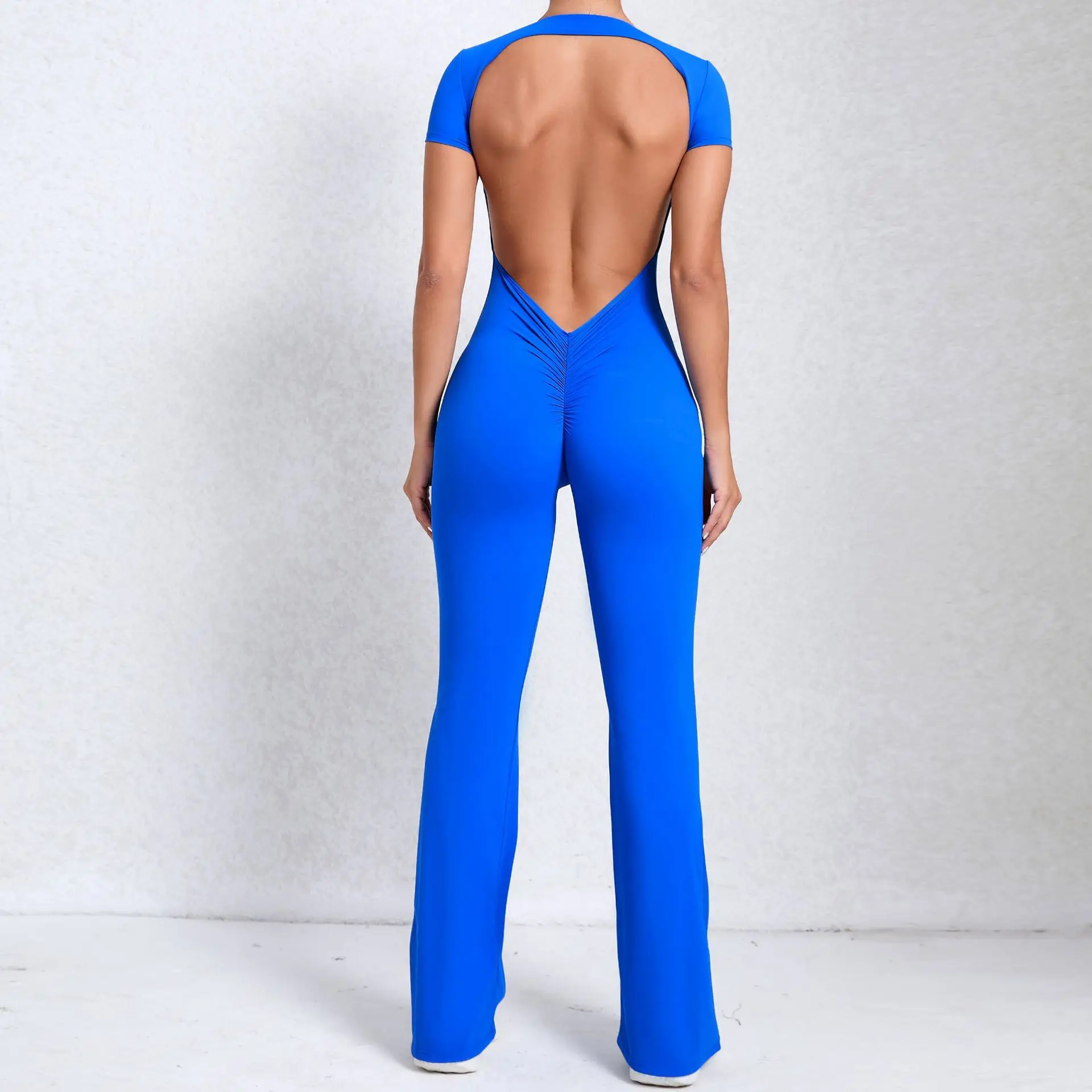 

Sexy Backless Scrunch Flared Jumpsuits Women One Piece Sportswear Yoga Clothes Short Sleeve Fitness Overalls Female Sport Outfit