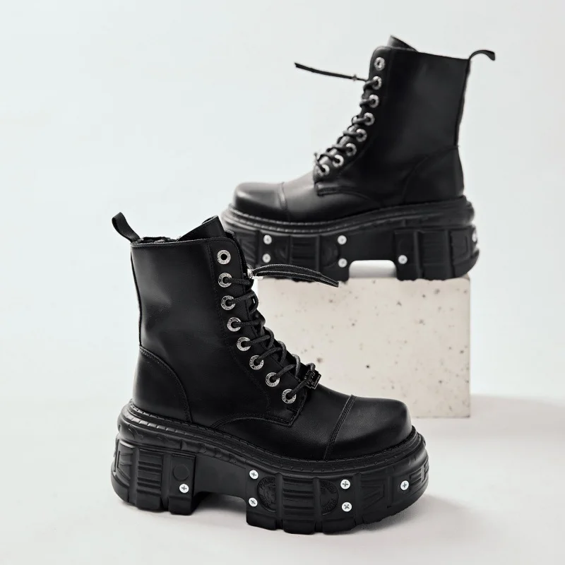 Punk Style Women Boots Lace-up Heel Platform Shoes Woman Gothic Ankle Rock Boots Metal Decor Men And Women Short Boots 2024