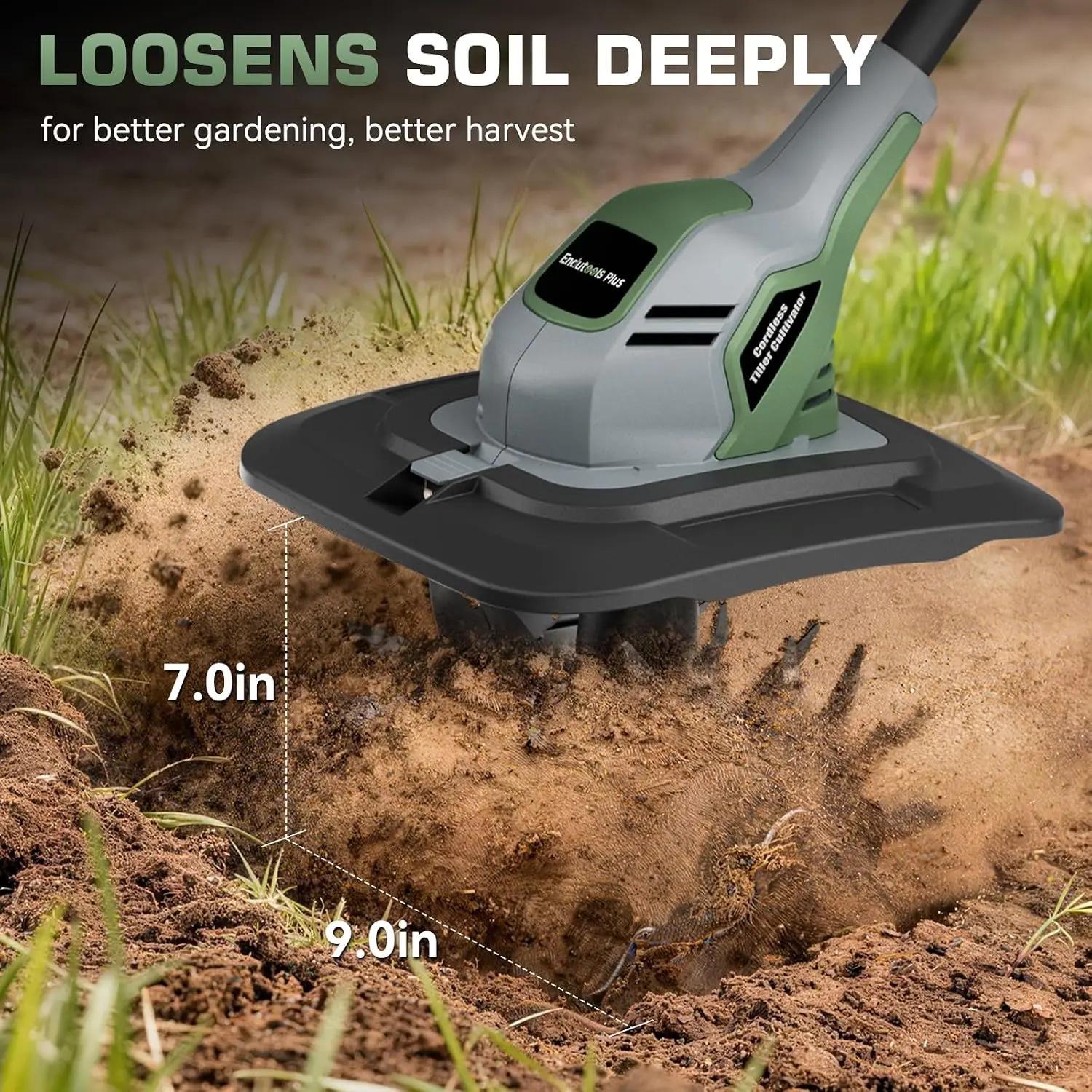 Cordless Garden Tiller Cultivator, 20V Battery-Powered Electric Rototiller 360 RPM with 2 x 4.0Ah Batteries, 9-Inch Width 7-Inch Depth Soil Cultivator, LED Battery Indicator for Lawn Yard Vegetable Garden