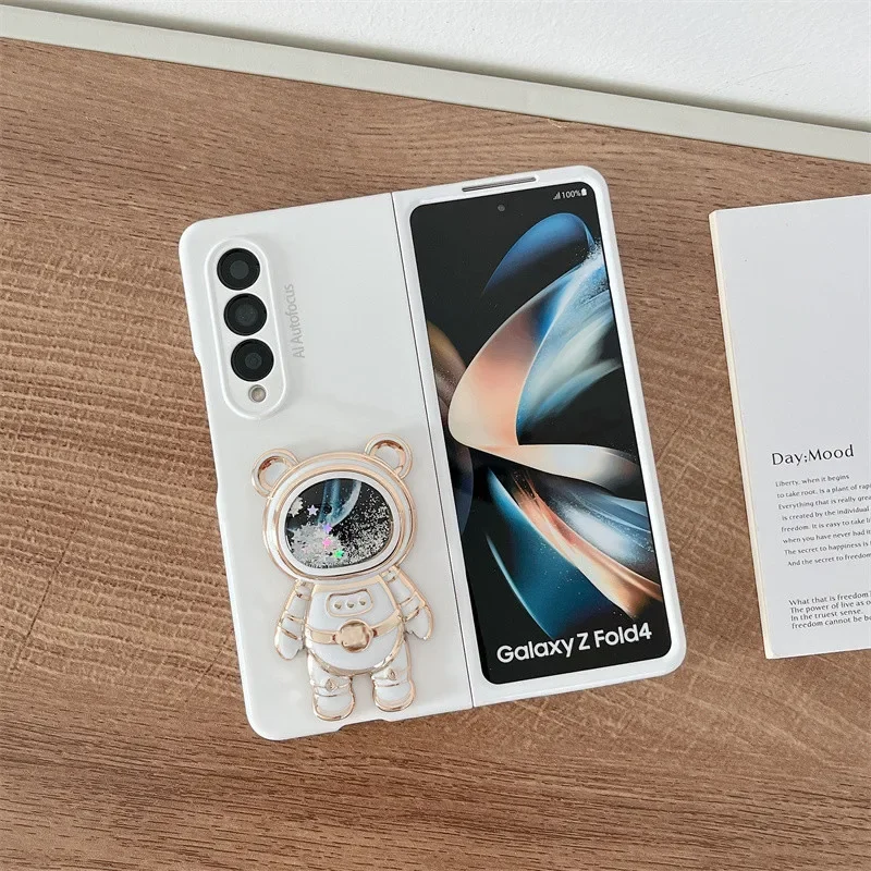 Fashion Cute Quicksand Space Astronaut Bracket Stand Holder Case for Samsung Galaxy Z Fold 6 5 4 3 2 Fold6 5G Matte Phone Cover