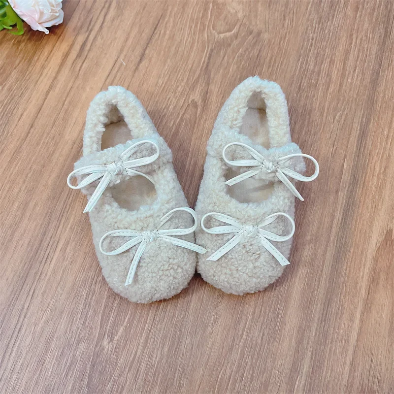 2024 Winter New Children Flats Fashion Double Bowknot Fur Cover Toe Warm Kids Casual Shoe Plush Warm Non-slip Mary Jane Shoes