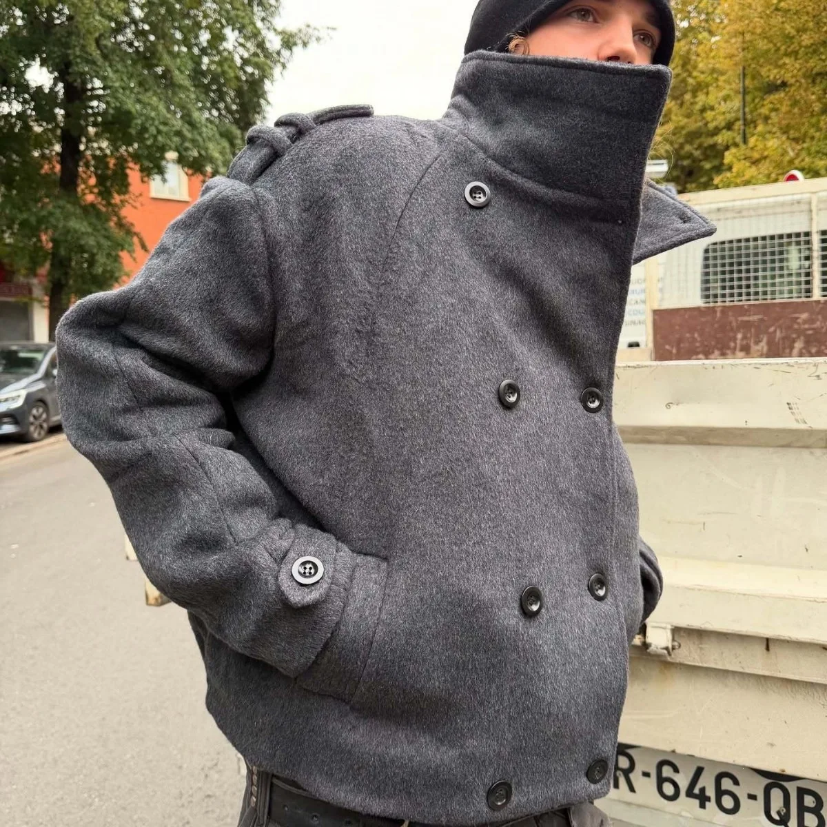 2000s Retro Clean fit Harajuku fashion casual Autumn and winter soild color collar fencing European American trend button jacket