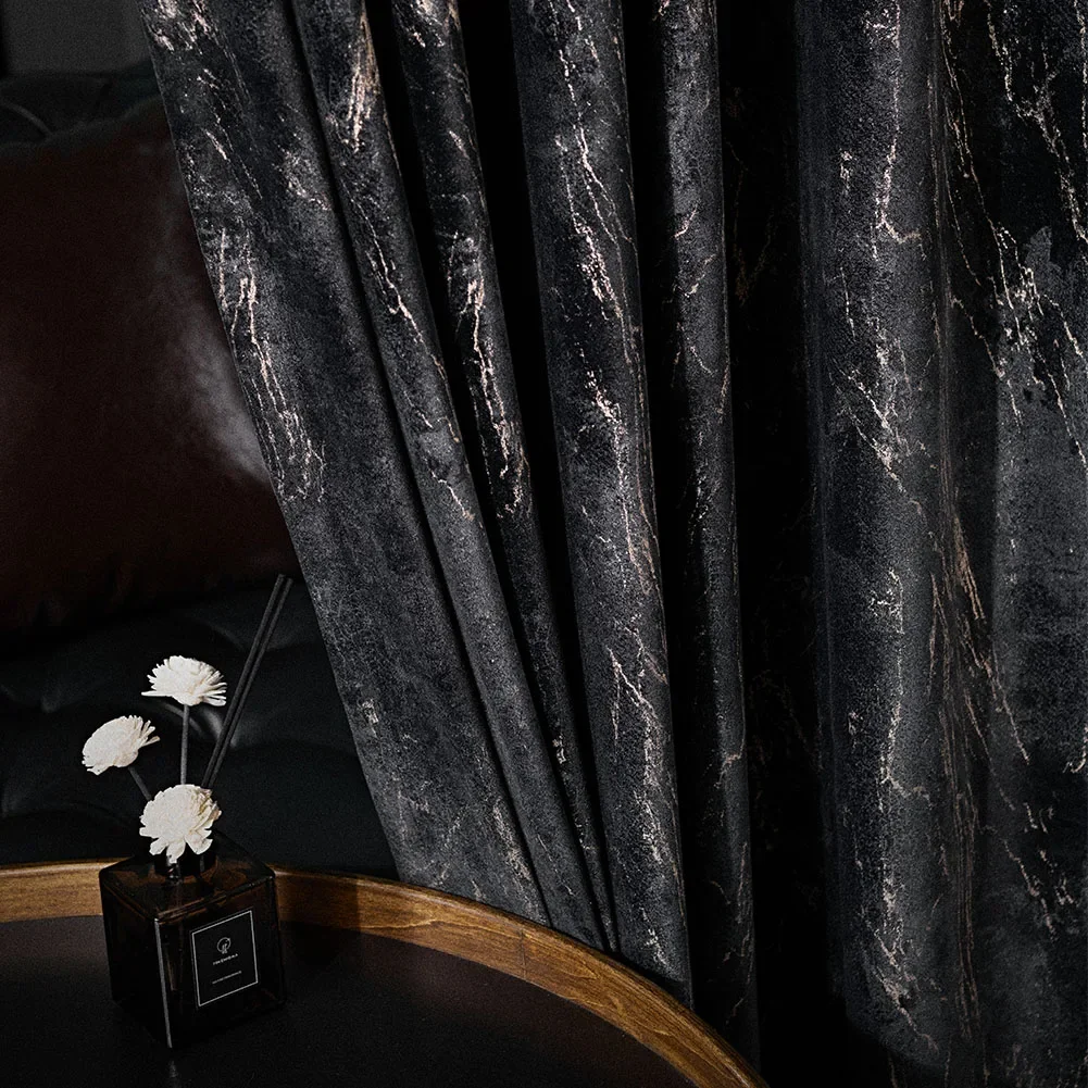 Hot Stamping Velvet Luxury Curtain for Living Room Black Blackout Retro European style Home Textile 1PC