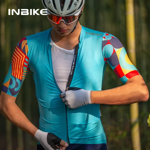 Imagen 2 del producto INBIKE-Camiseta de ciclismo para hombre, camisetas de manga corta de secado rápido para montar en bicicleta con 3 bolsillos y cremallera completa, verano 2024