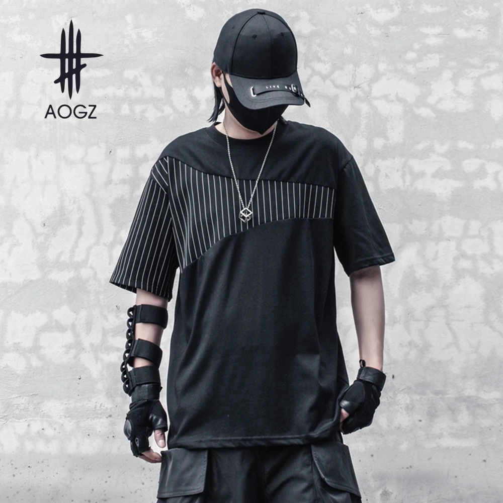 AOGZ Techwear Striped Patchwork Summer Short Sleeve T Shirt Harajuku Streetwear Casual Fashion Men Clothing Black Tees Tops